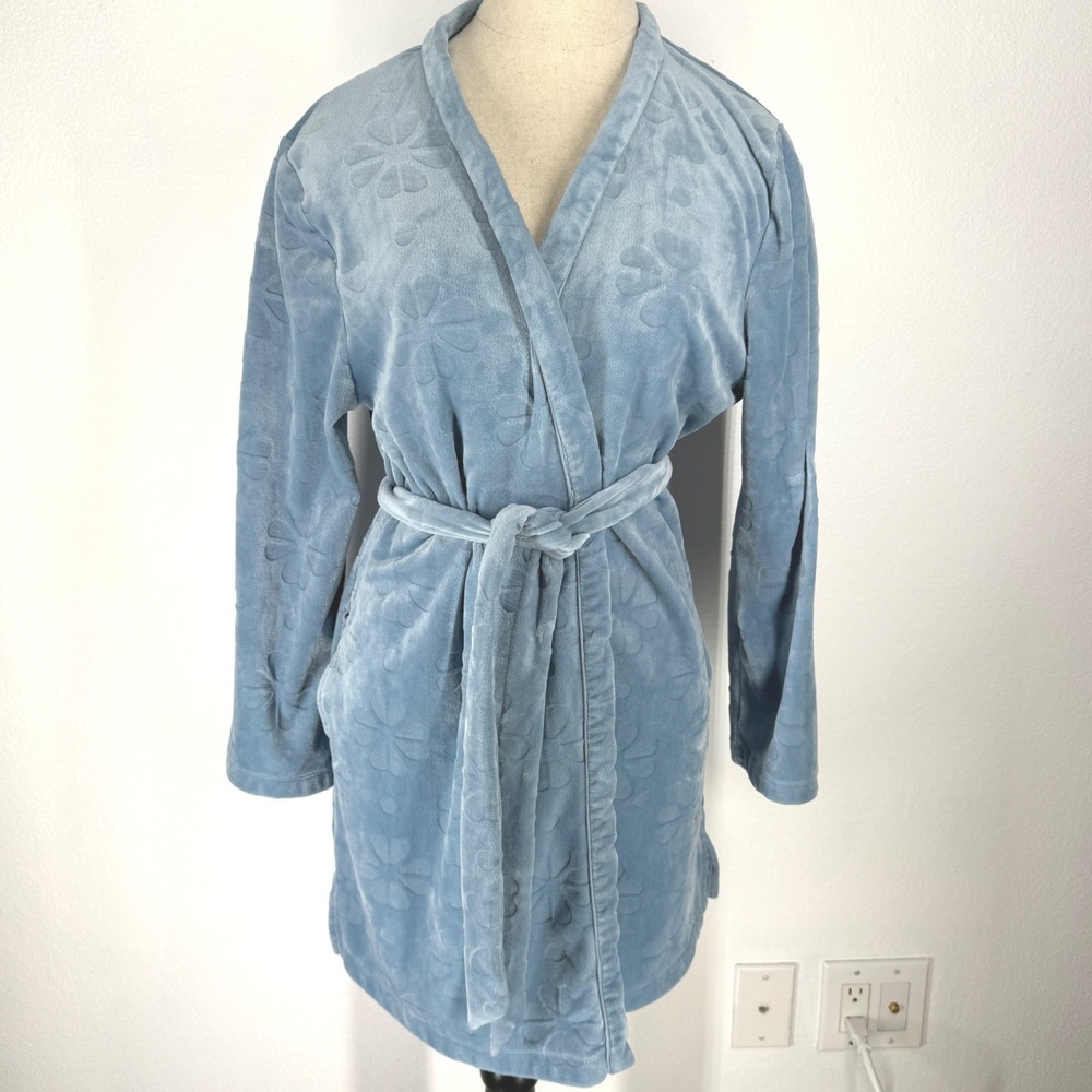 Kate Spade Floral Plush Fleece Robe XS S Blue Short Soft Cozy Wrap Belted Pocket